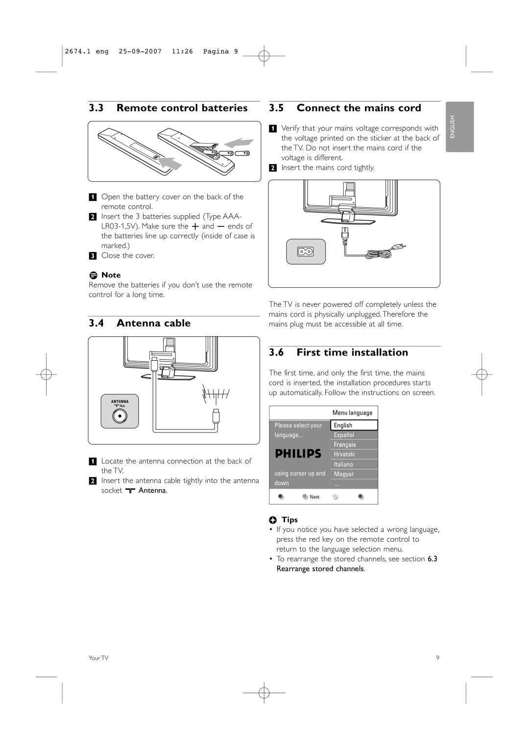 Philips 42PFL9900D/79 Remote control batteries Connect the mains cord, Antenna cable, First time installation, RNote, Tips 