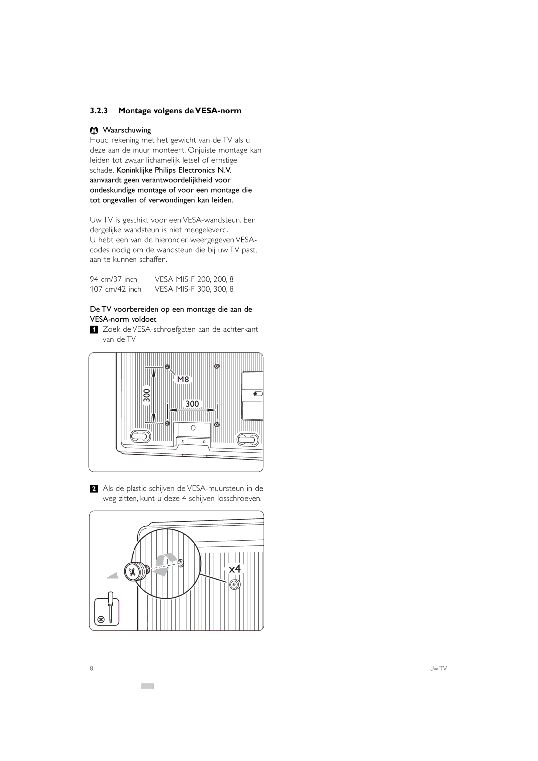 Philips 42PFL9903, 37PFL9903 manual Montage volgens de VESA-norm, 107 cm/42 inch 