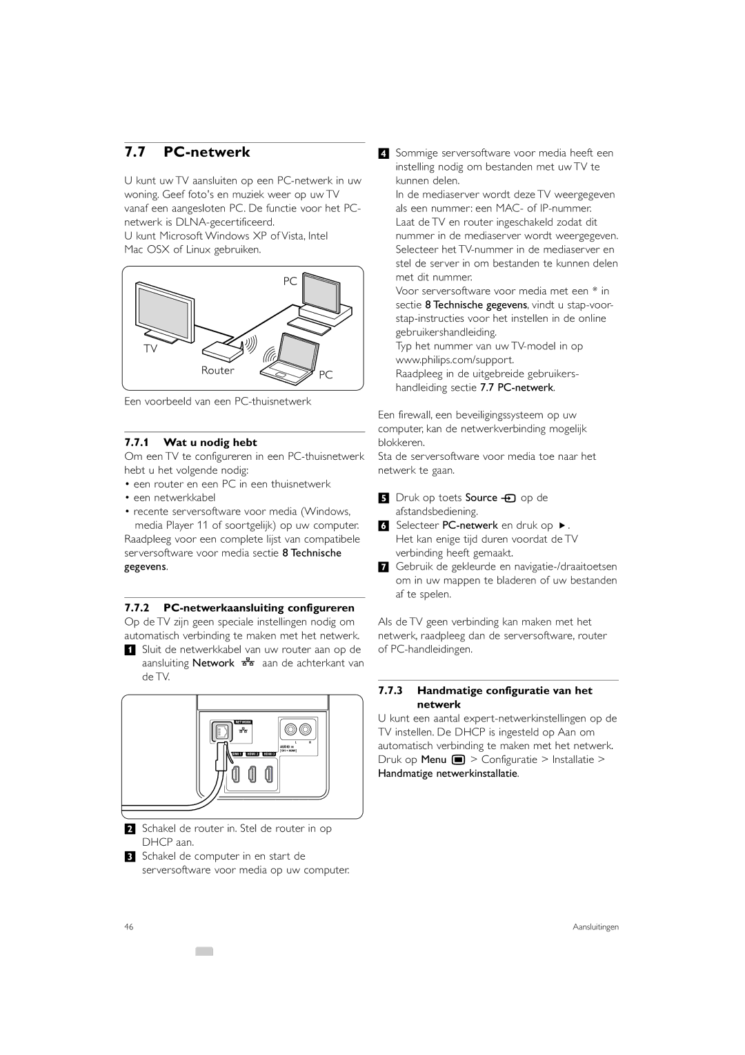 Philips 42PFL9903, 37PFL9903 manual PC-netwerk, Wat u nodig hebt, Schakel de router in. Stel de router in op Dhcp aan 