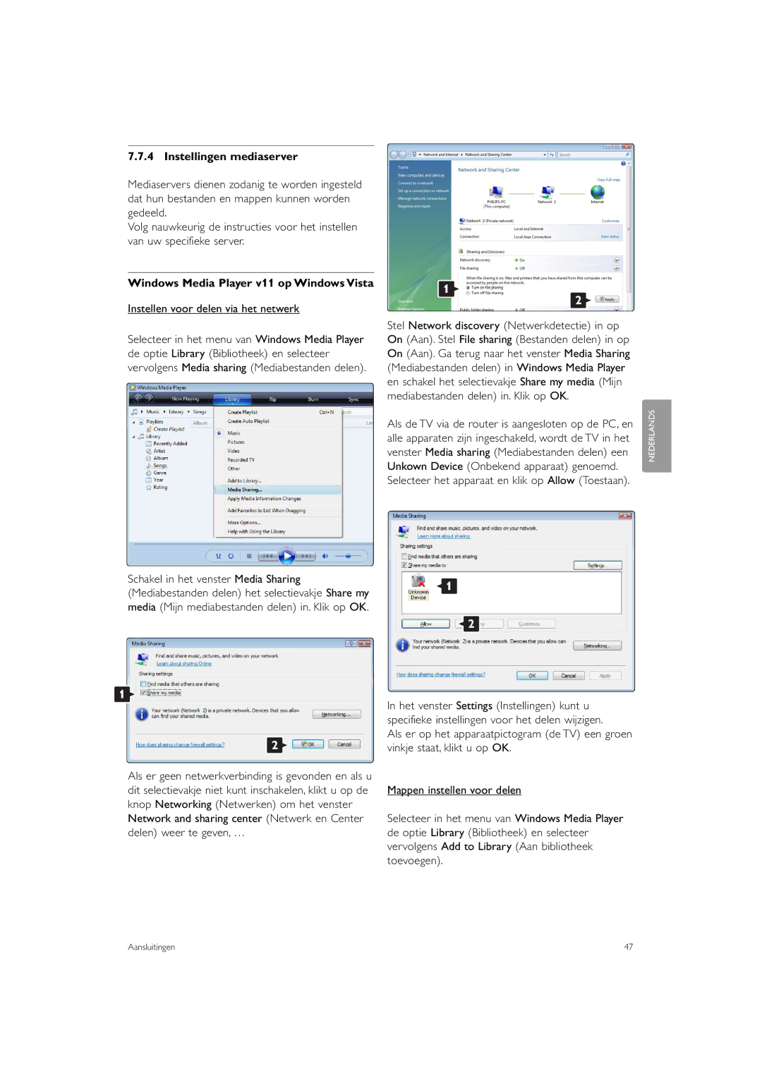 Philips 37PFL9903, 42PFL9903 manual Instellingen mediaserver, Windows Media Player v11 op Windows Vista 
