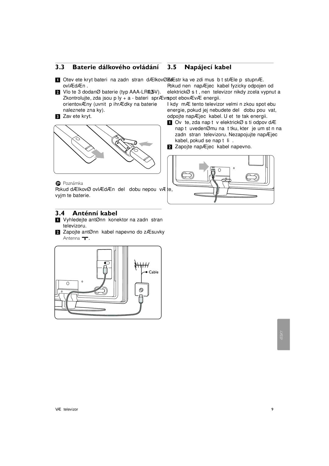 Philips 37PFL9903H/10, 42PFL9903H/10 manual Baterie dálkového ovládání 3.5 Napájecí kabel, Anténní kabel 