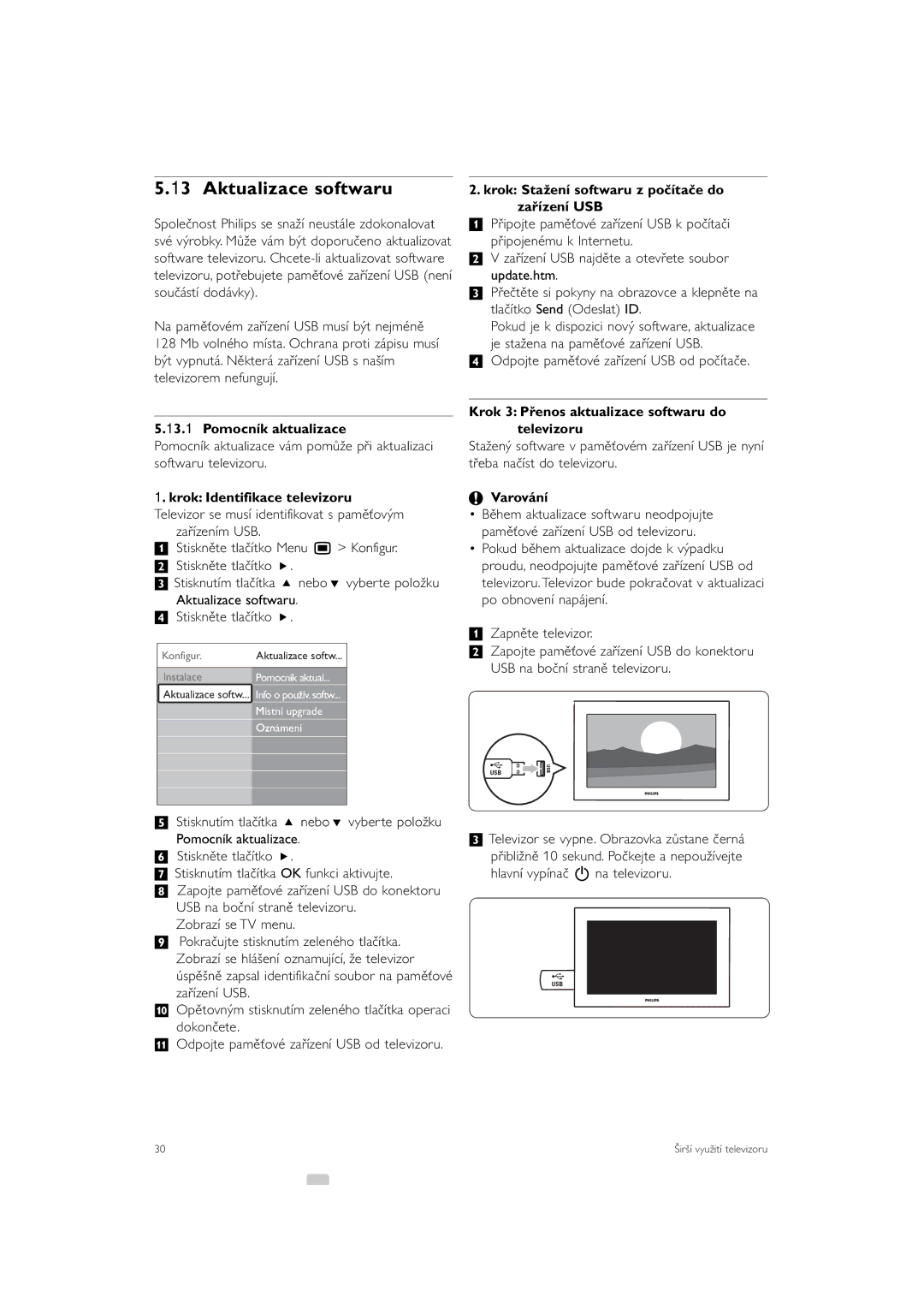 Philips 42PFL9903H/10 manual Aktualizace softwaru, Pomocník aktualizace, Krok Stažení softwaru z počítače do zařízení USB 