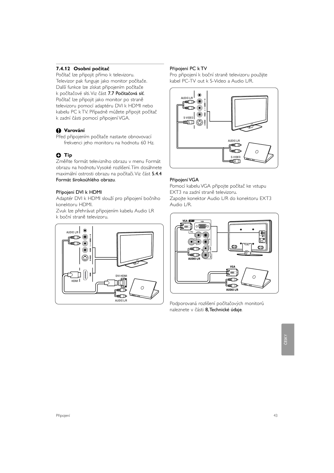 Philips 37PFL9903H/10, 42PFL9903H/10 manual Osobní počítač, Zadní části pomocí připojení VGA, Připojení PC k TV 