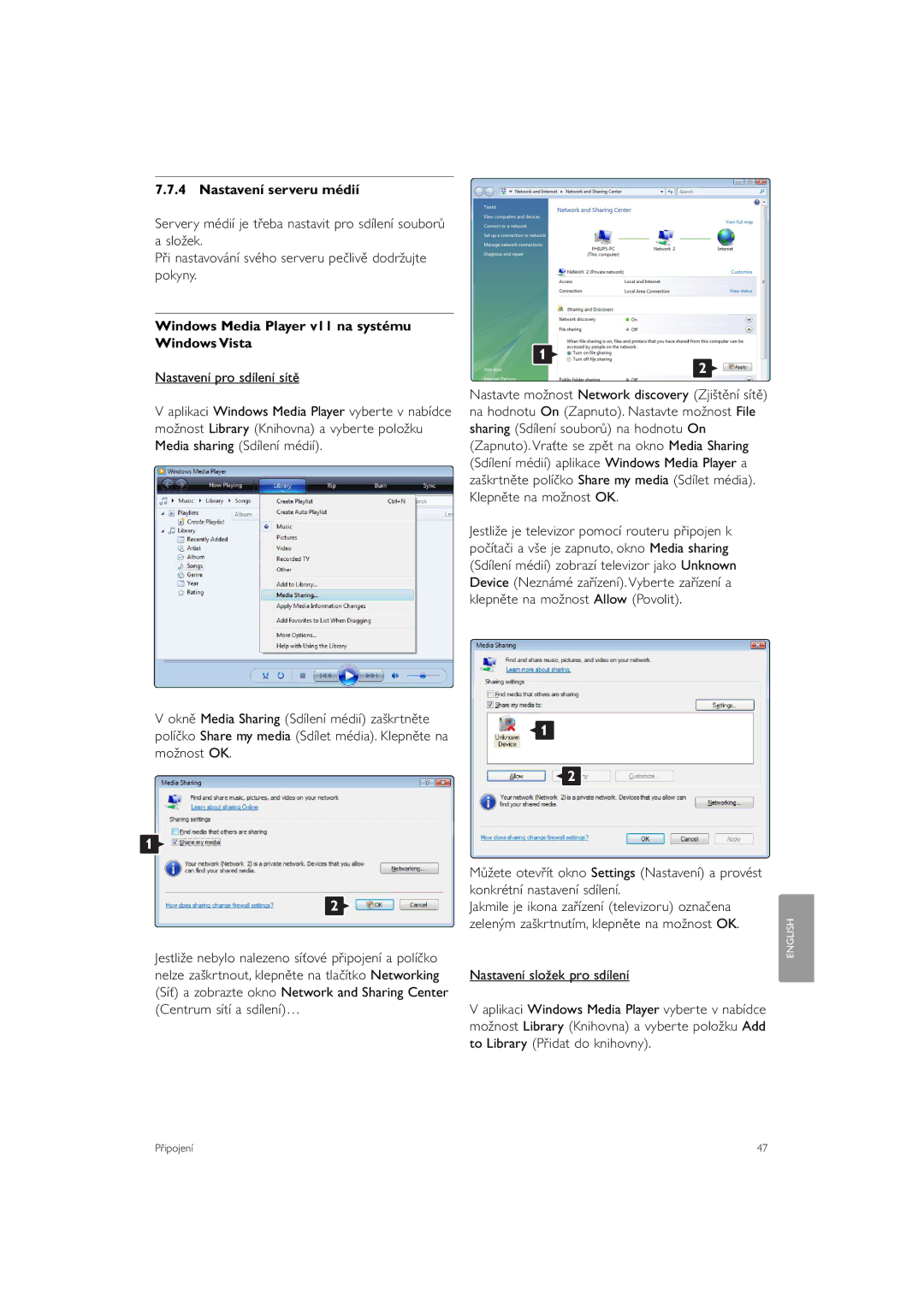 Philips 37PFL9903H/10, 42PFL9903H/10 manual Nastavení serveru médií, Windows Media Player v11 na systému Windows Vista 