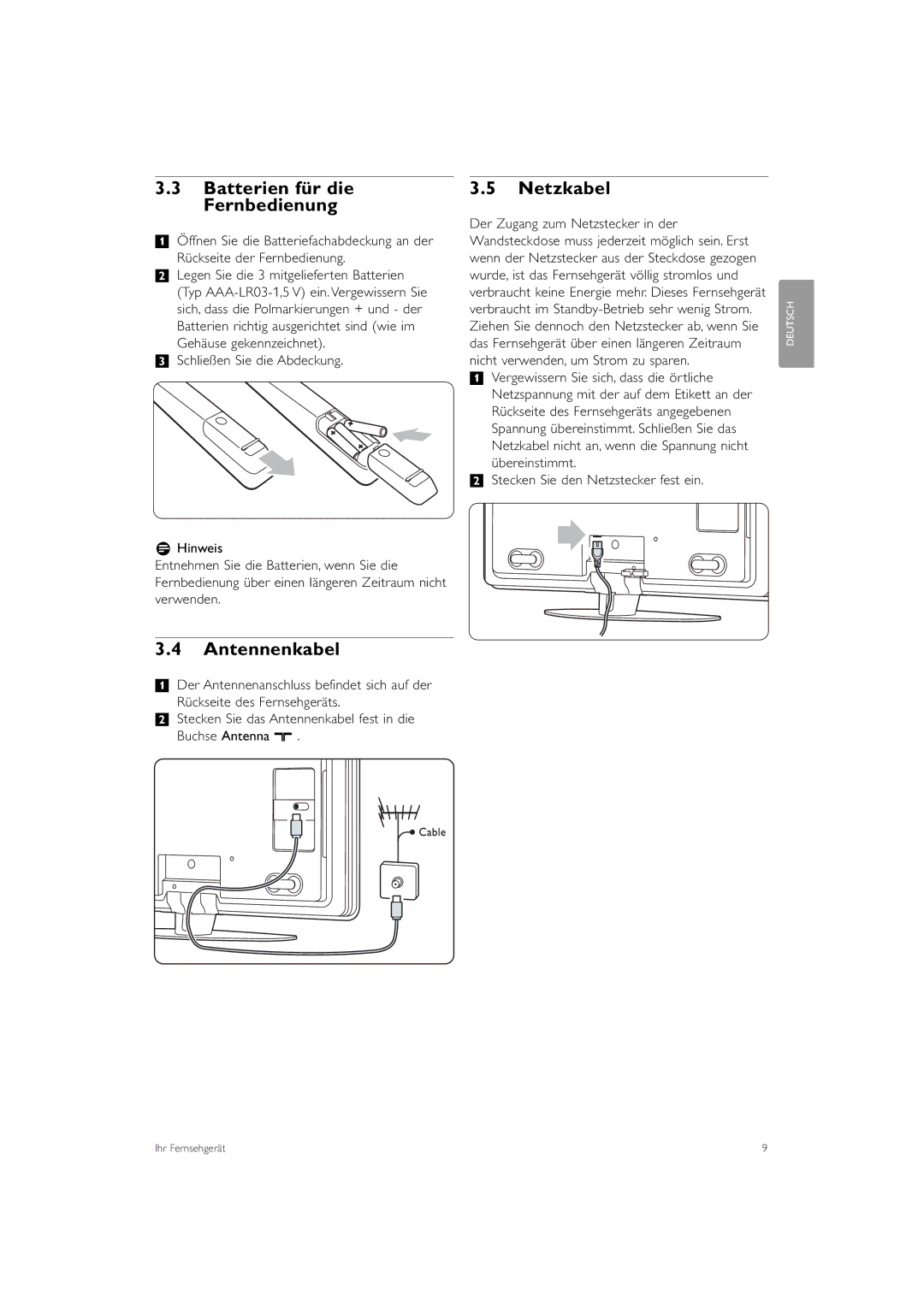 Philips 37PFL9903H/10, 42PFL9903H/10 manual Batterien für die Fernbedienung, Antennenkabel, Netzkabel 