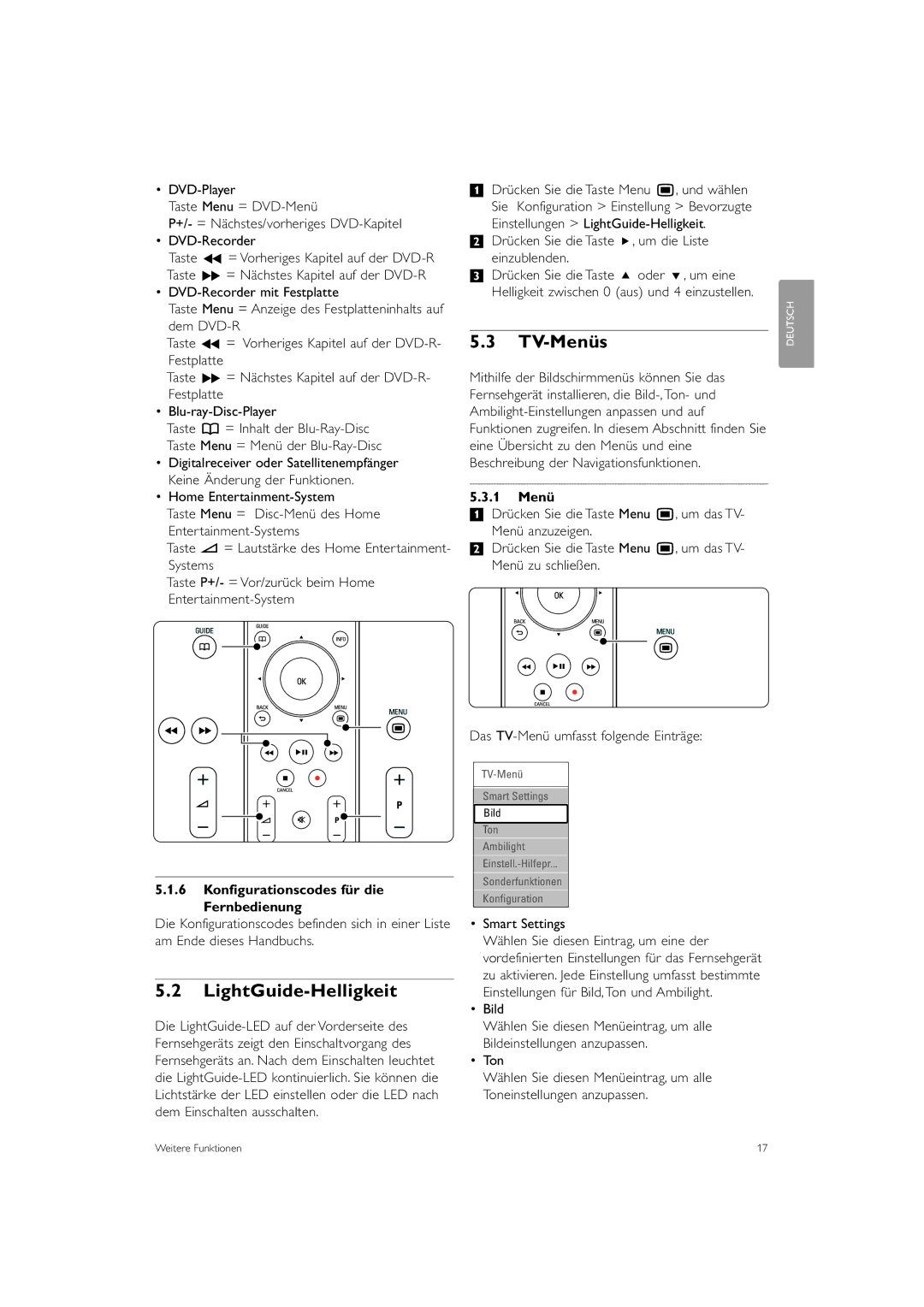 Philips 37PFL9903H/10, 42PFL9903H/10 LightGuide-Helligkeit, TV-Menüs, Konfigurationscodes für die Fernbedienung, 1 Menü 