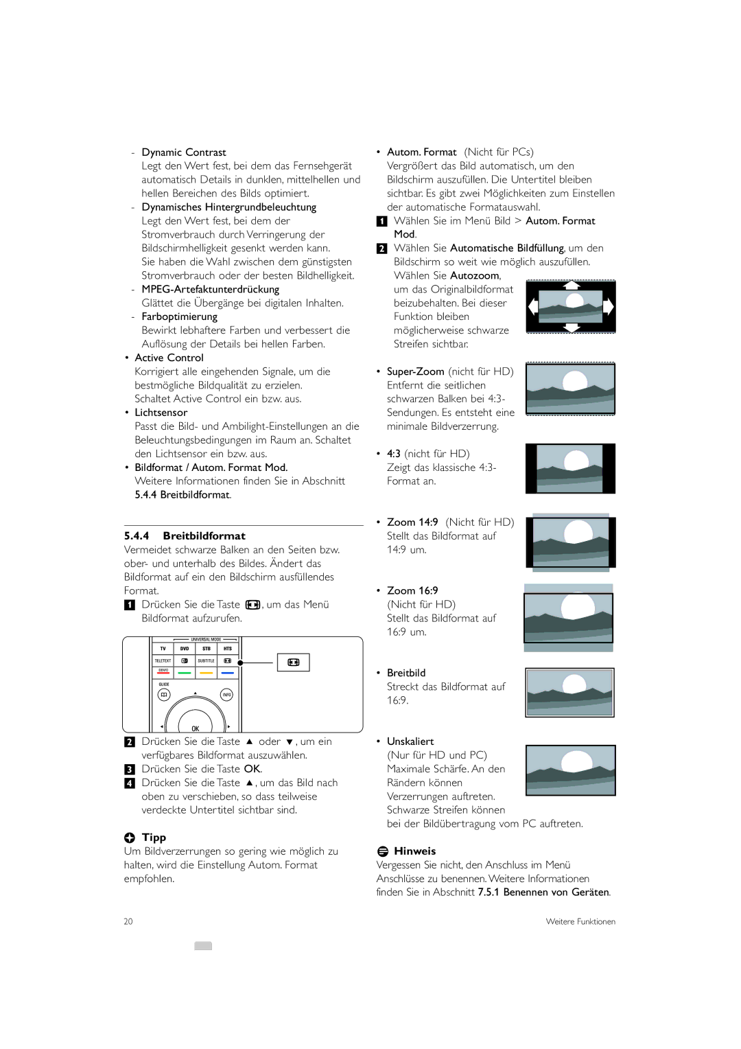 Philips 42PFL9903H/10 manual Dynamic Contrast, Active Control, Breitbildformat, Bei der Bildübertragung vom PC auftreten 