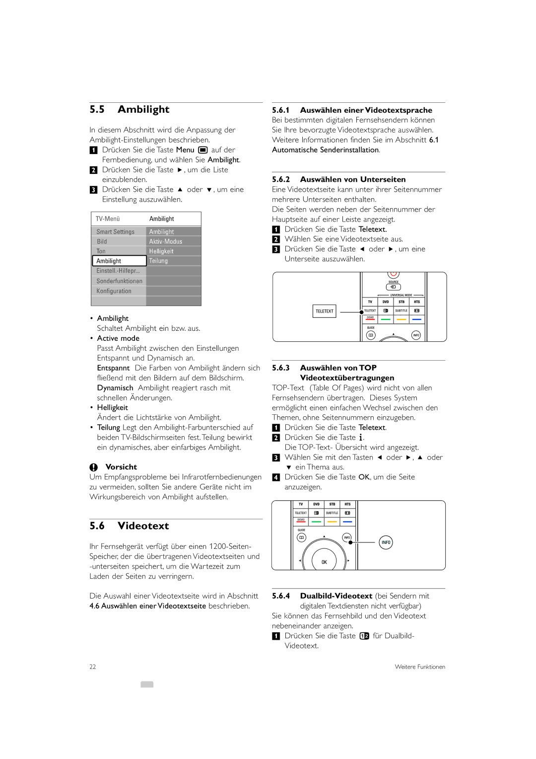 Philips 42PFL9903H/10 manual Ambilight, Auswählen von Unterseiten, Vorsicht, Auswählen von TOP Videotextübertragungen 