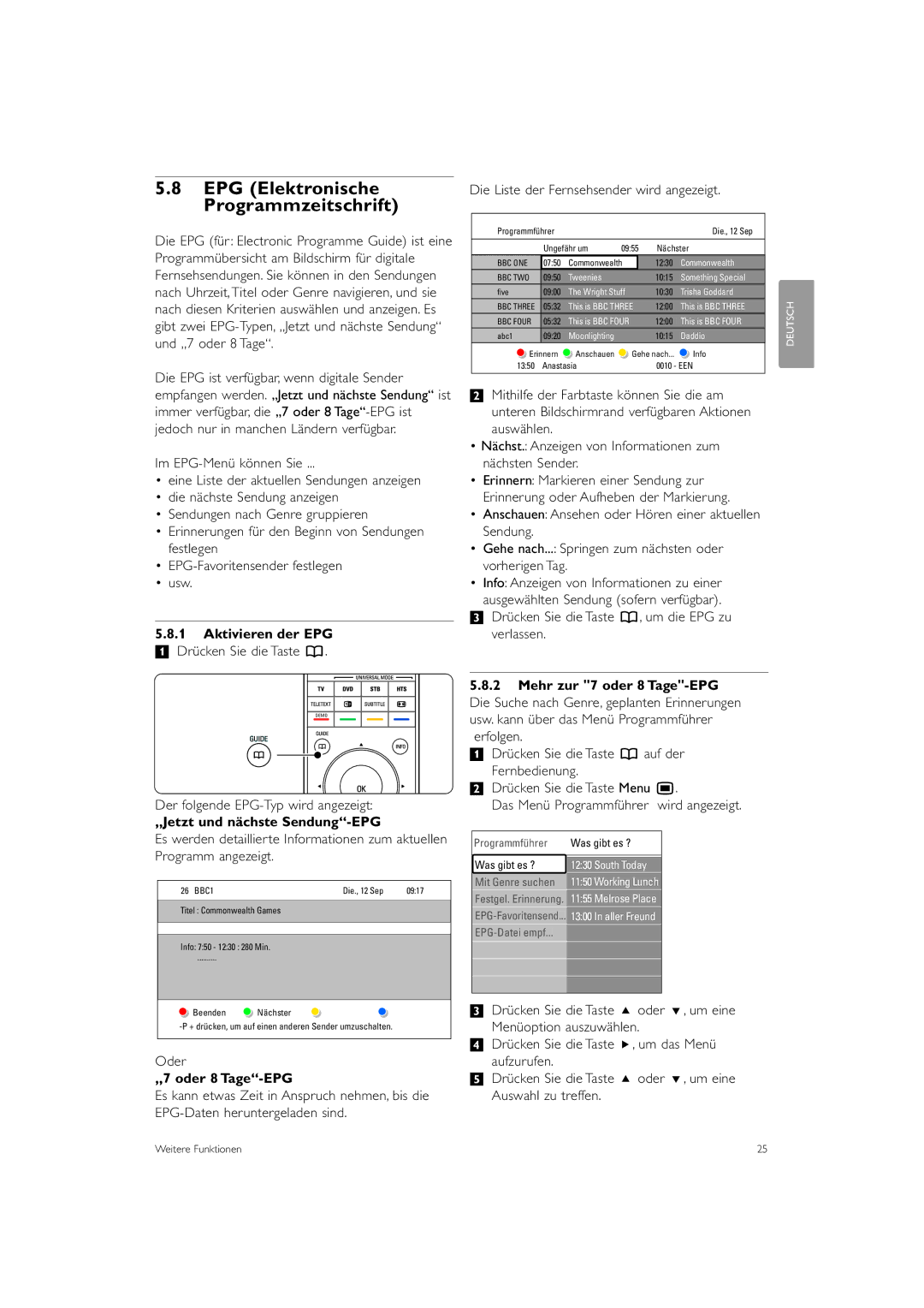 Philips 37PFL9903H/10 manual EPG Elektronische Programmzeitschrift, Aktivieren der EPG, „Jetzt und nächste Sendung-EPG 