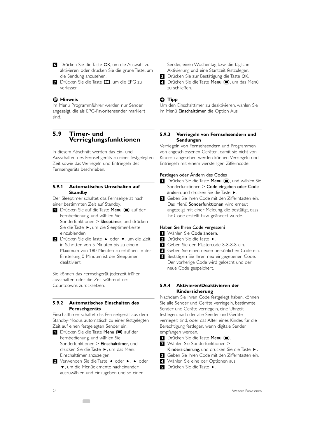 Philips 42PFL9903H/10, 37PFL9903H/10 manual Timer- und Verrieglungsfunktionen, Automatisches Umschalten auf Standby 