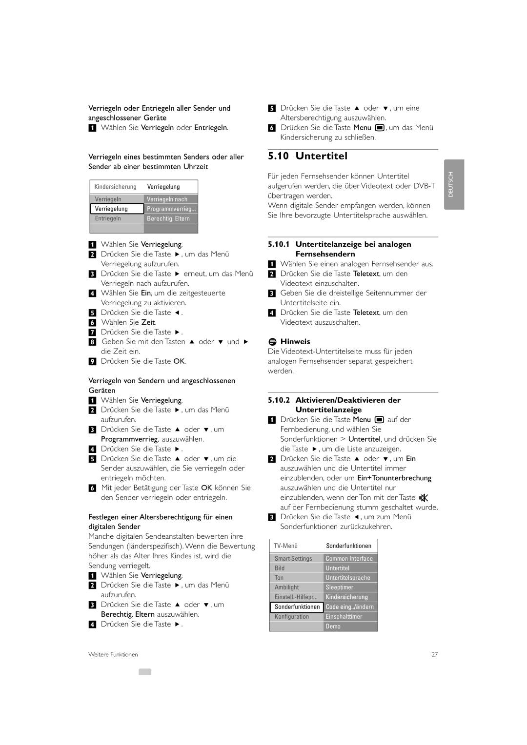 Philips 37PFL9903H/10 Untertitelanzeige bei analogen Fernsehsendern, Aktivieren/Deaktivieren der Untertitelanzeige 