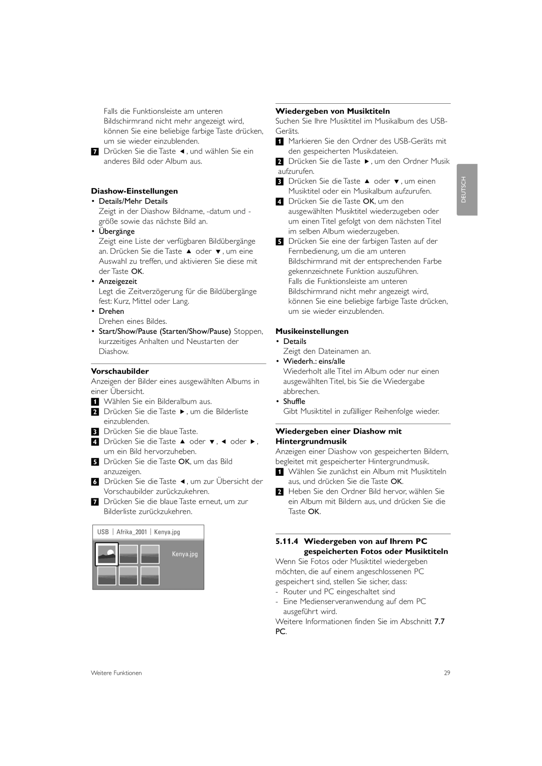 Philips 37PFL9903H/10 manual Diashow-Einstellungen, Vorschaubilder, Wiedergeben von Musiktiteln, Musikeinstellungen 