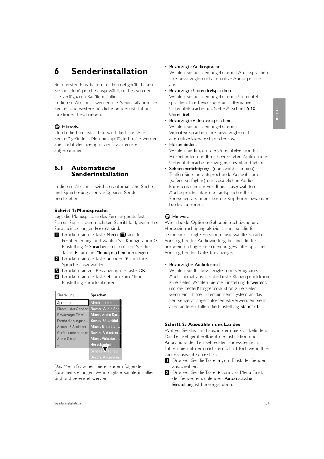 Philips 37PFL9903H/10 manual Automatische Senderinstallation, Schritt 1 Menüsprache, Schritt 2 Auswählen des Landes 