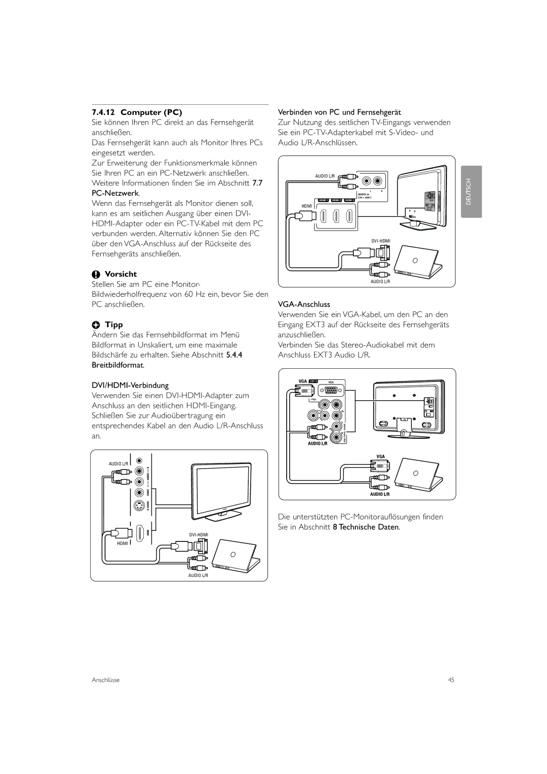 Philips 37PFL9903H/10, 42PFL9903H/10 manual Computer PC, Vorsicht 