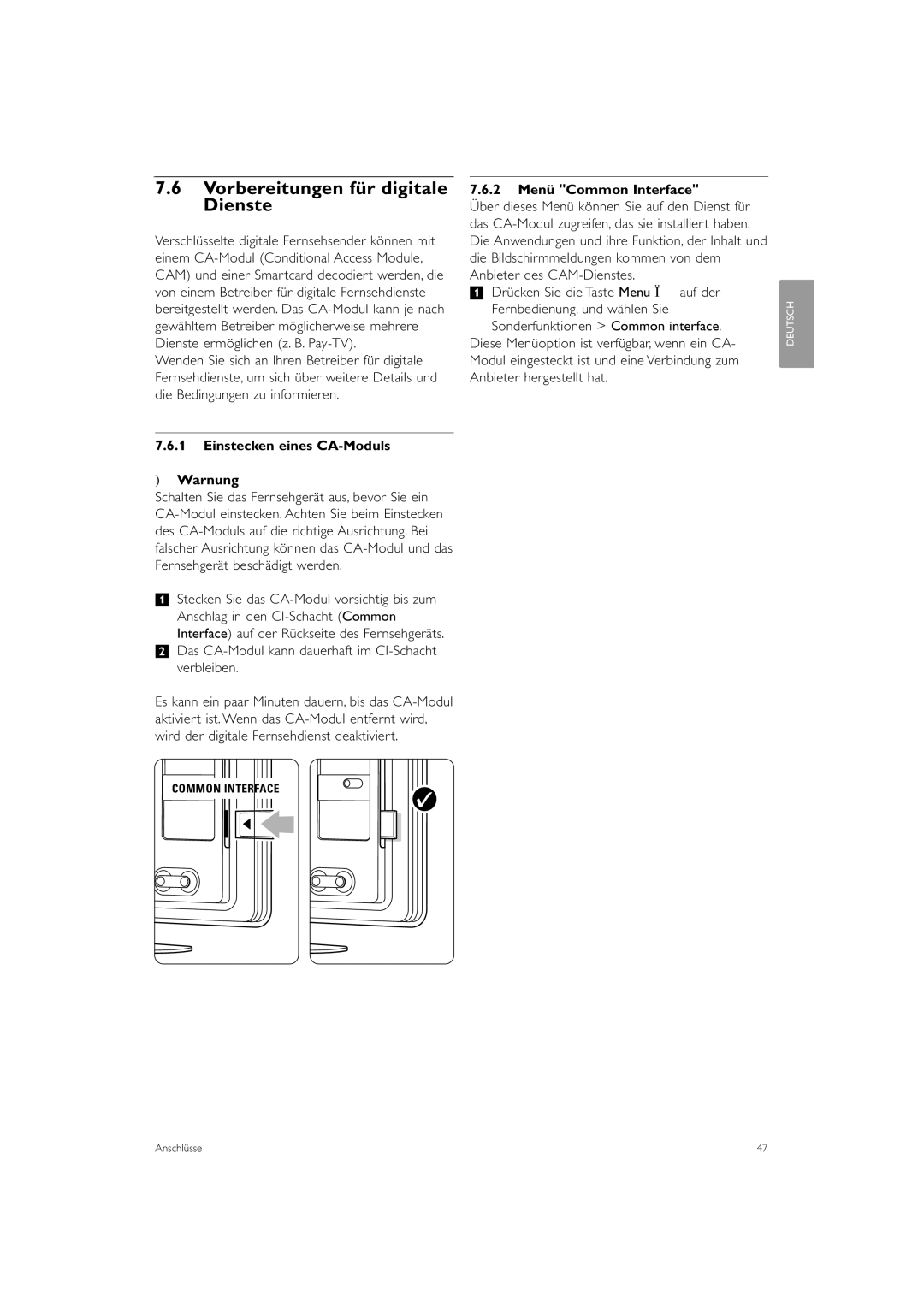 Philips 37PFL9903H/10 Vorbereitungen für digitale Dienste, Einstecken eines CA-Moduls Warnung, 2 Menü Common Interface 