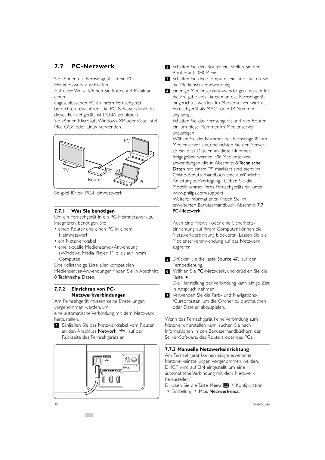 Philips 42PFL9903H/10, 37PFL9903H/10 manual PC-Netzwerk, Was Sie benötigen, Einrichten von PC- Netzwerkverbindungen 