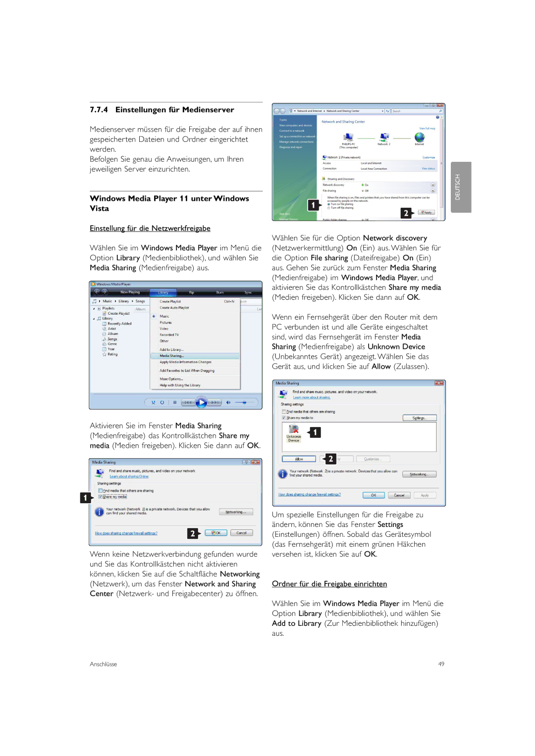 Philips 37PFL9903H/10, 42PFL9903H/10 manual Einstellungen für Medienserver, Windows Media Player 11 unter Windows Vista 