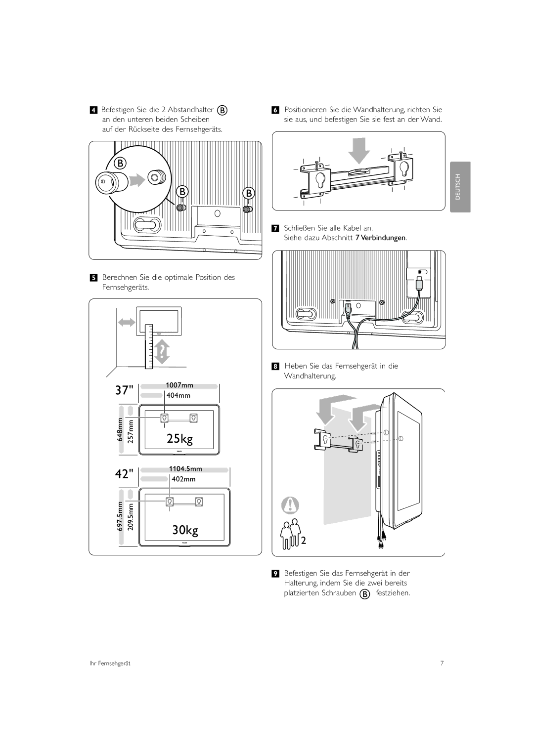 Philips 37PFL9903H/10, 42PFL9903H/10 manual 30kg, Platzierten Schrauben festziehen 