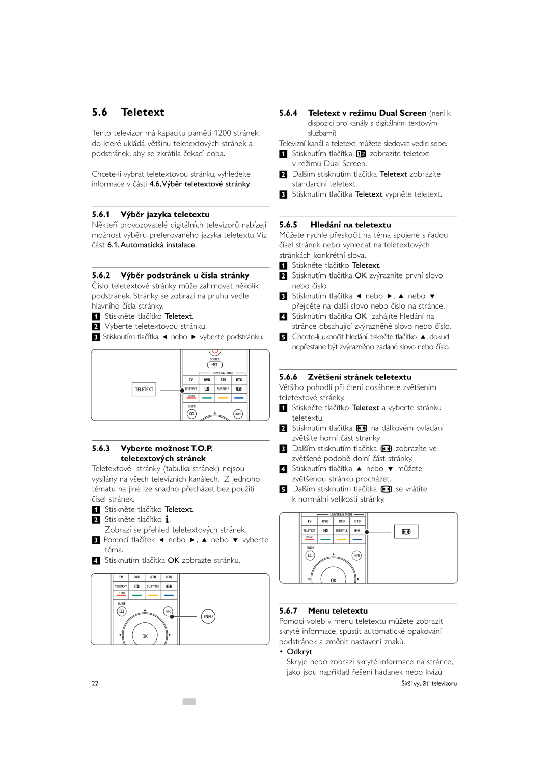 Philips 42PFL9903H/10 manual 5.6Teletext, 5.6.1 Výběr jazyka teletextu, 5.6.3Vyberte možnost T.O.P teletextových stránek 