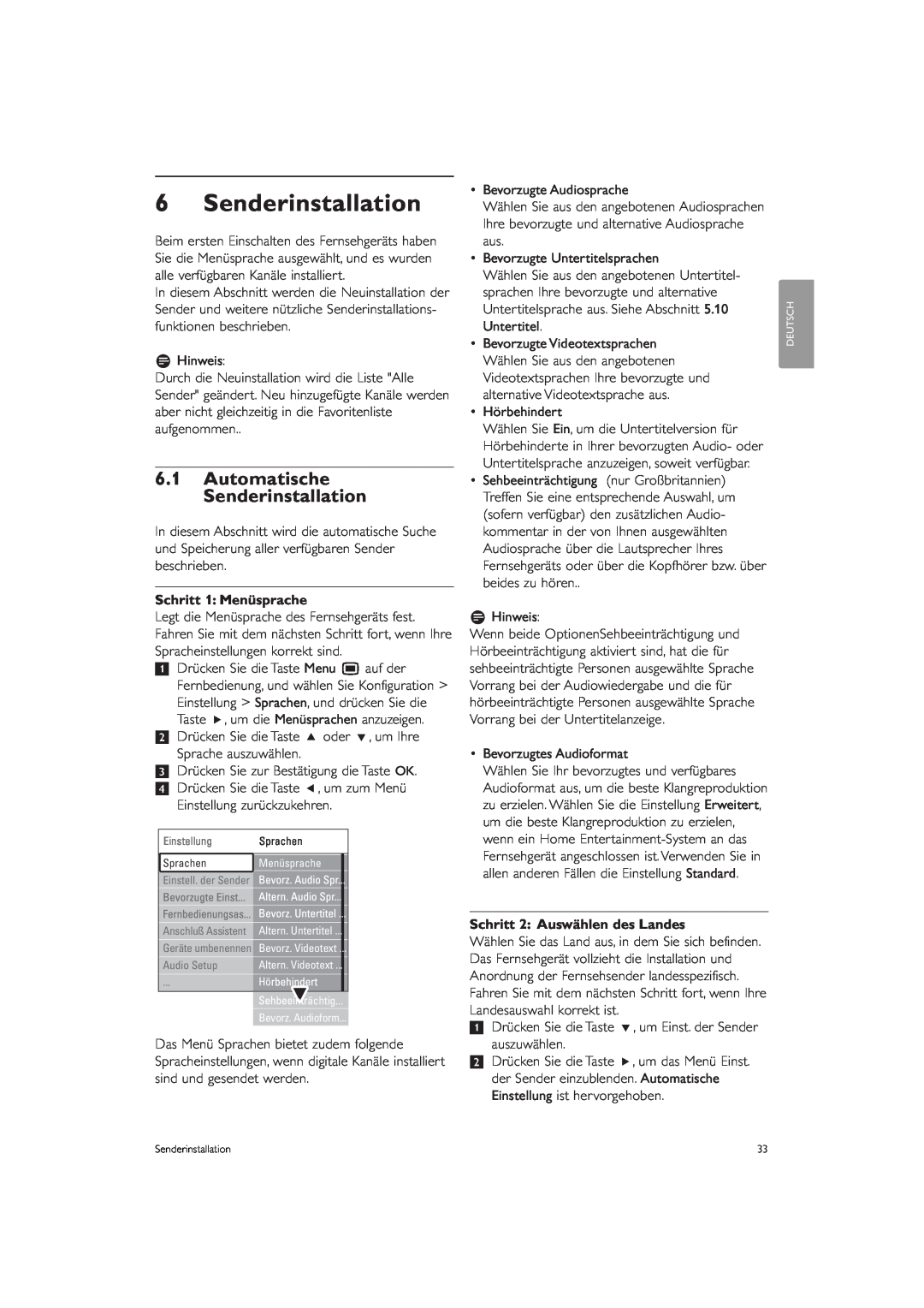Philips 37PFL9903H/10 manual 6.1Automatische Senderinstallation, Schritt 1 Menüsprache, Schritt 2 Auswählen des Landes 