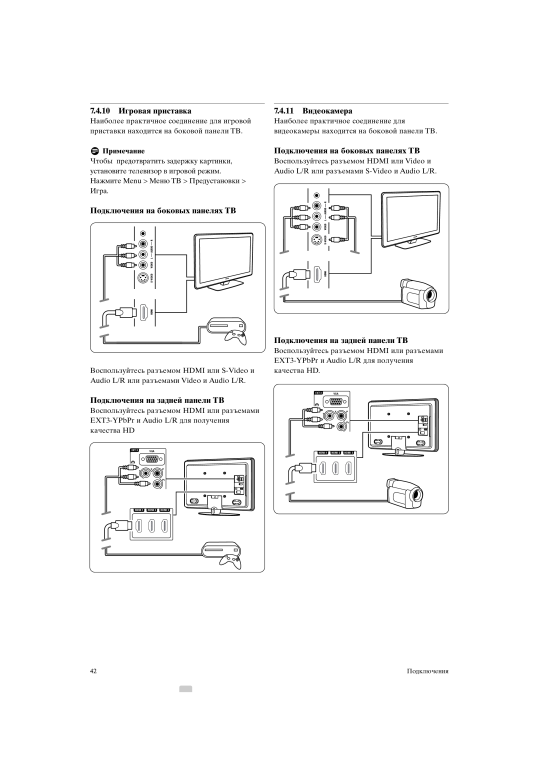 Philips 42PFL9903H/10 manual 7.4.10Игровая приставка, Подключения на боковых панелях ТВ, Подключения на задней панели ТВ 