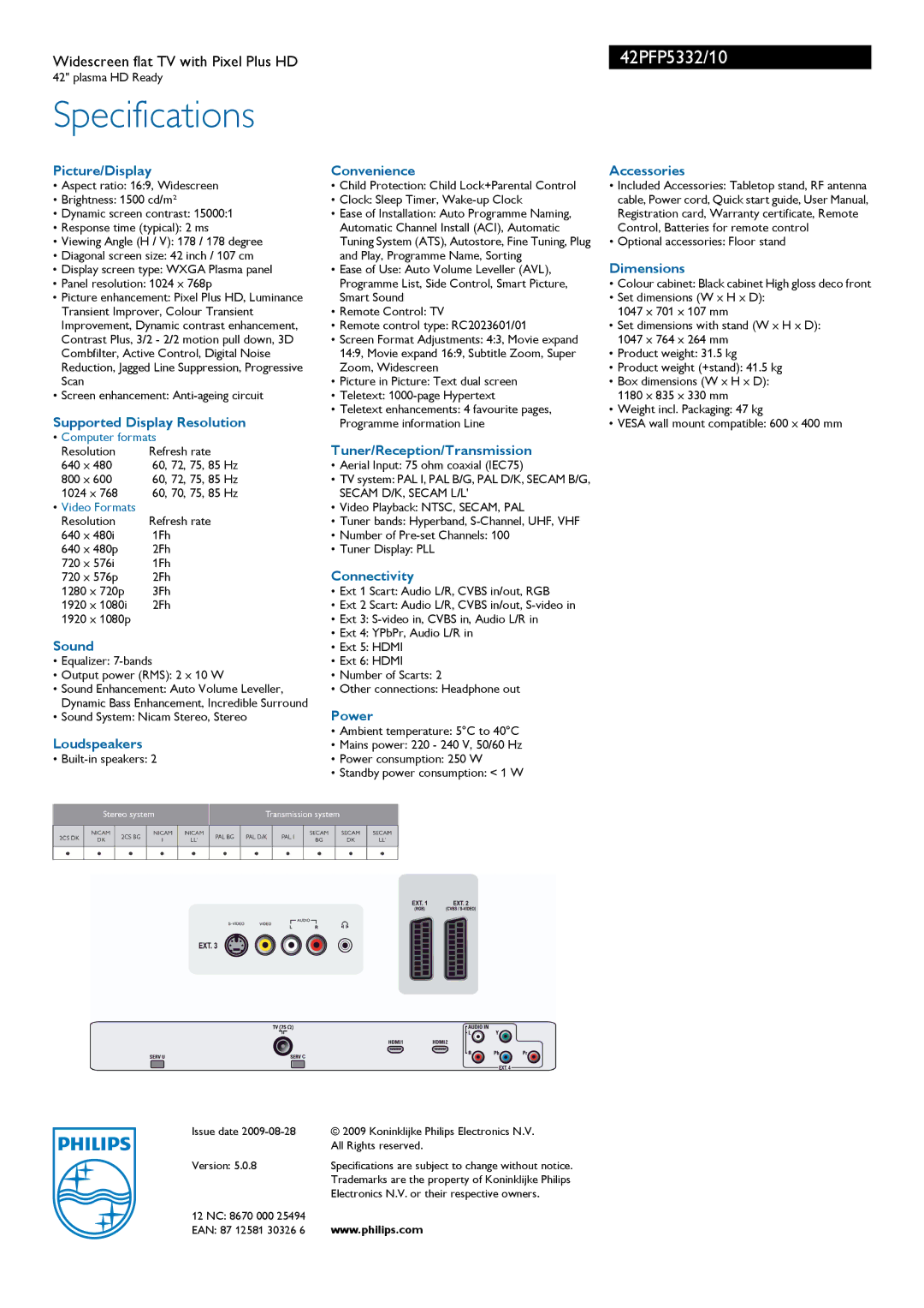 Philips 42PFP5332/10 Picture/Display, Supported Display Resolution, Sound, Loudspeakers, Convenience, Connectivity, Power 