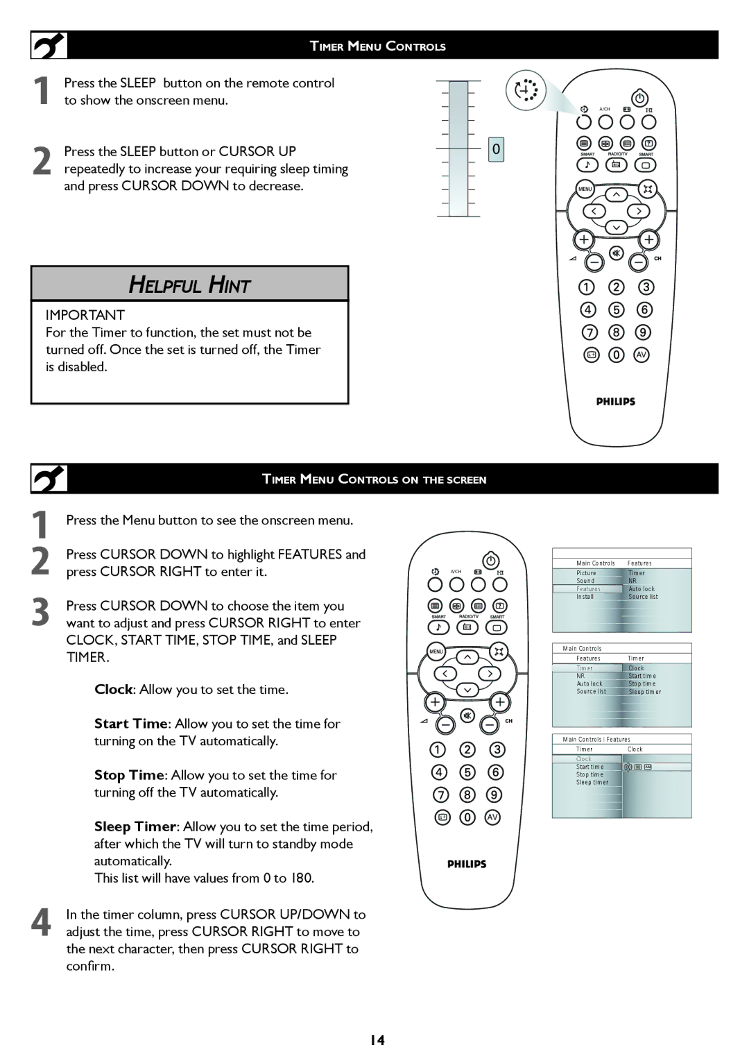 Philips 42TA1800, 37TA1800 user manual Timer Menu Controls 