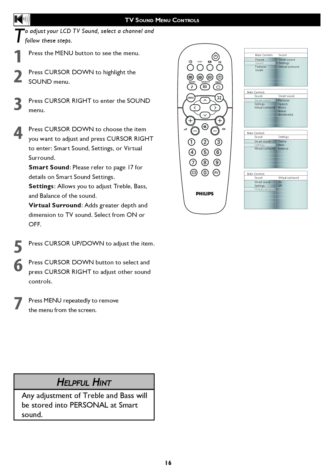 Philips 42TA1800, 37TA1800 user manual TV Sound Menu Controls 