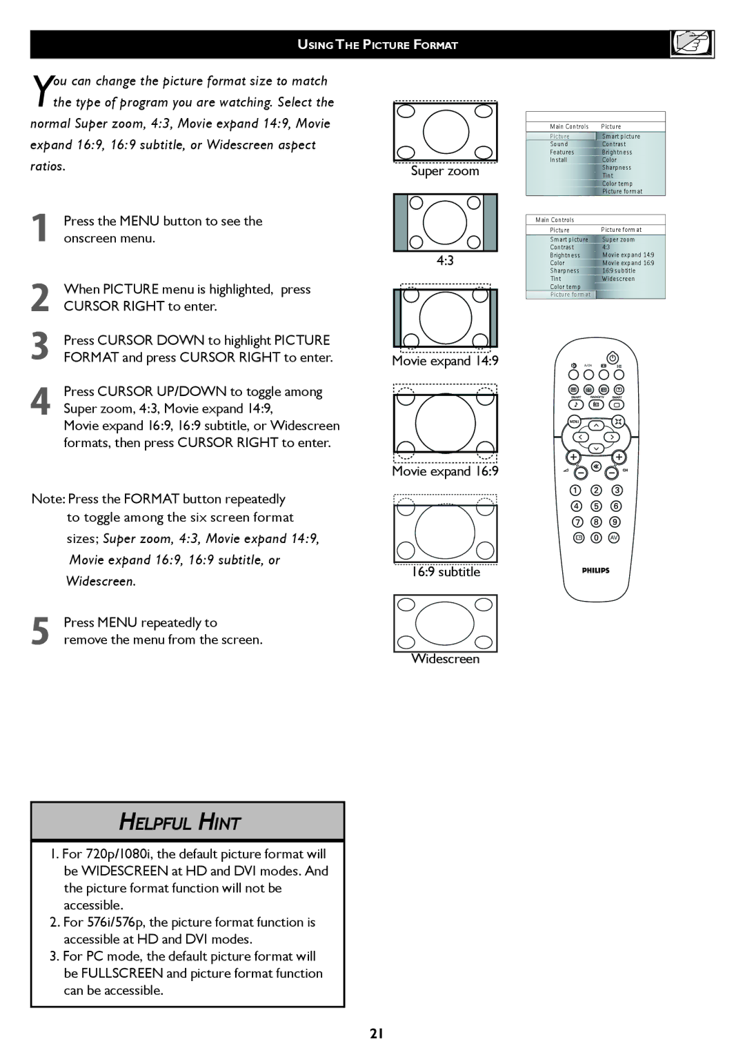 Philips 37TA1800, 42TA1800 user manual Using the Picture Format 