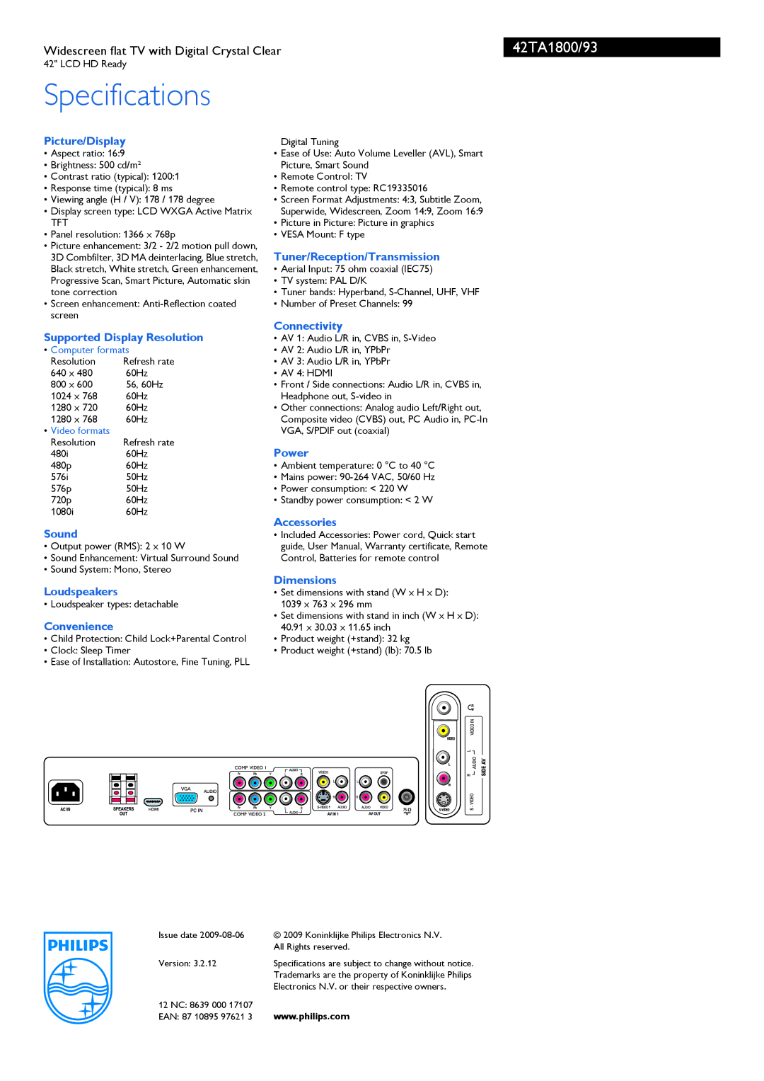 Philips 42TA1800/93 Picture/Display, Supported Display Resolution, Sound, Loudspeakers, Convenience, Connectivity, Power 