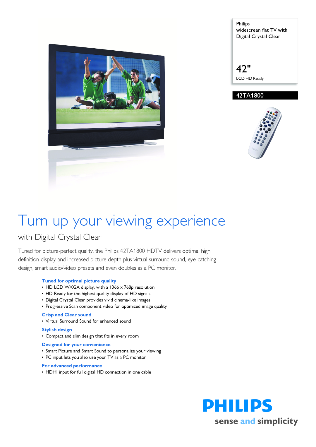 Philips 42TA1800/93 manual Turn up your viewing experience, with Digital Crystal Clear 