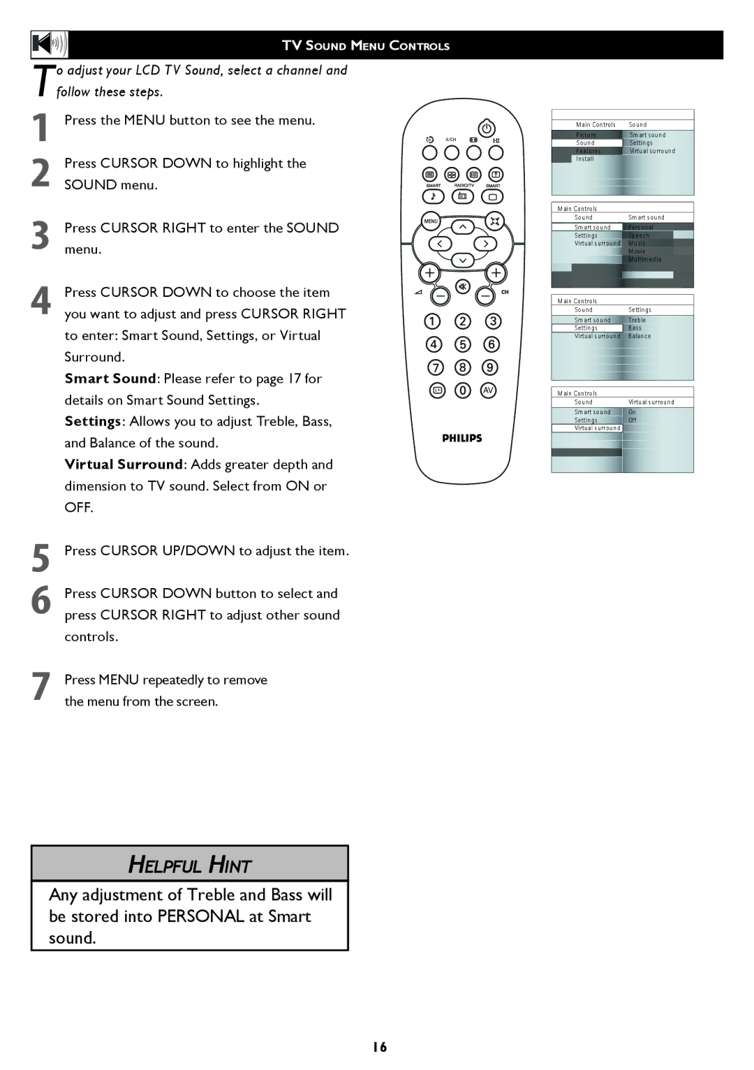 Philips 42TA2000, 37TA2000 user manual TV Sound Menu Controls 