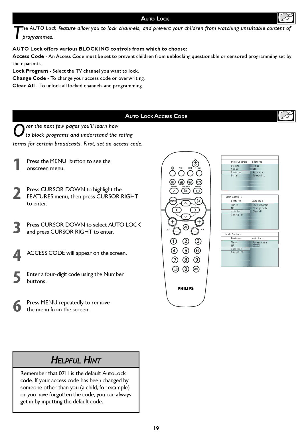 Philips 37TA2000, 42TA2000 user manual Press the Menu button to see the onscreen menu, He Auto Lock 