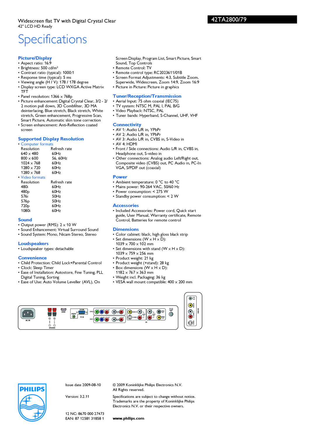 Philips 42TA2800/79 Picture/Display, Supported Display Resolution, Sound, Loudspeakers, Convenience, Connectivity, Power 