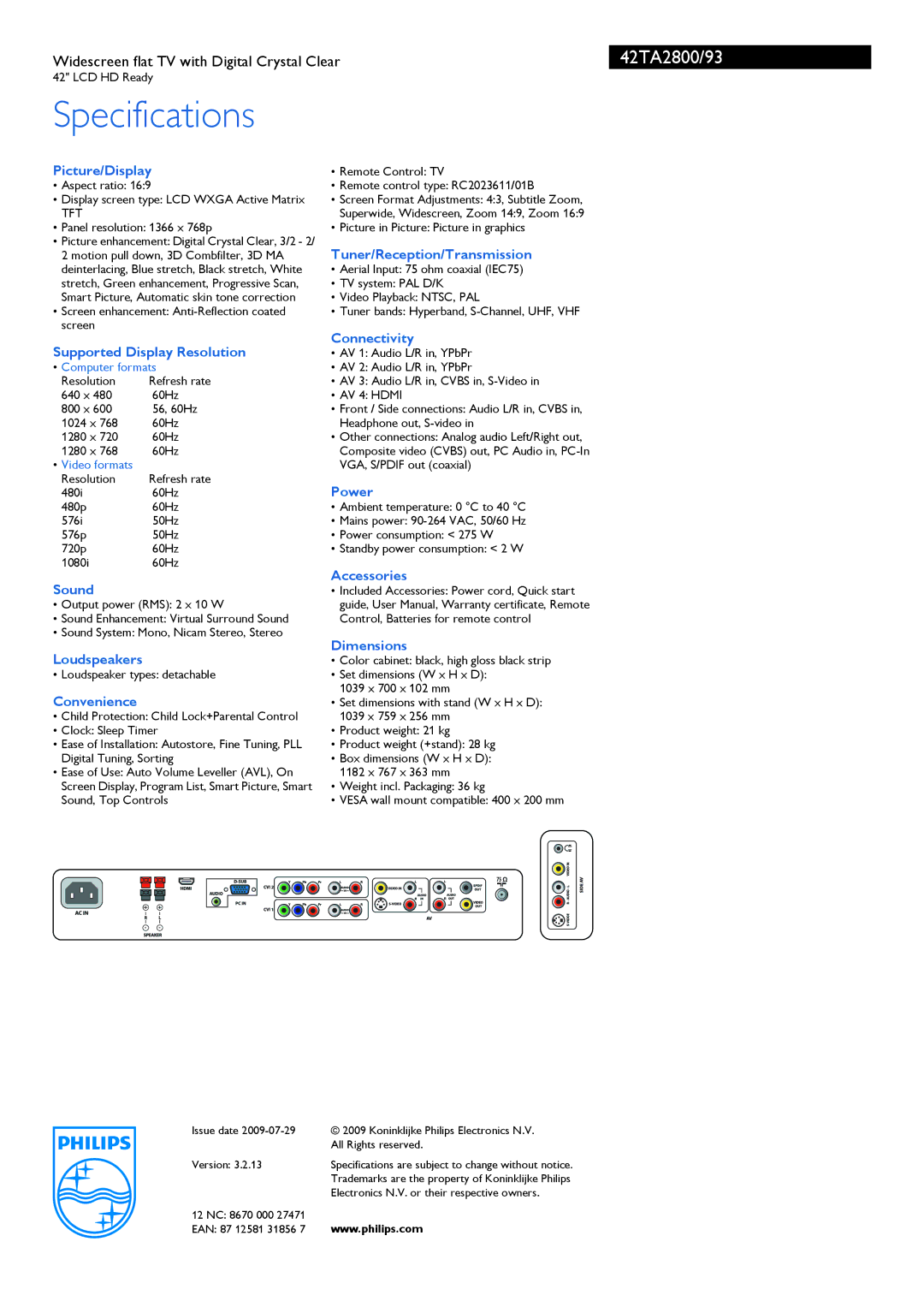 Philips 42TA2800/93 Picture/Display, Supported Display Resolution, Sound, Loudspeakers, Convenience, Connectivity, Power 