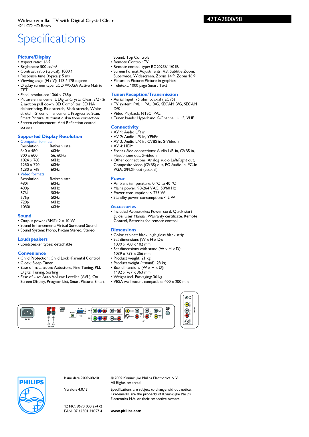 Philips 42TA2800/98 Picture/Display, Supported Display Resolution, Sound, Loudspeakers, Convenience, Connectivity, Power 