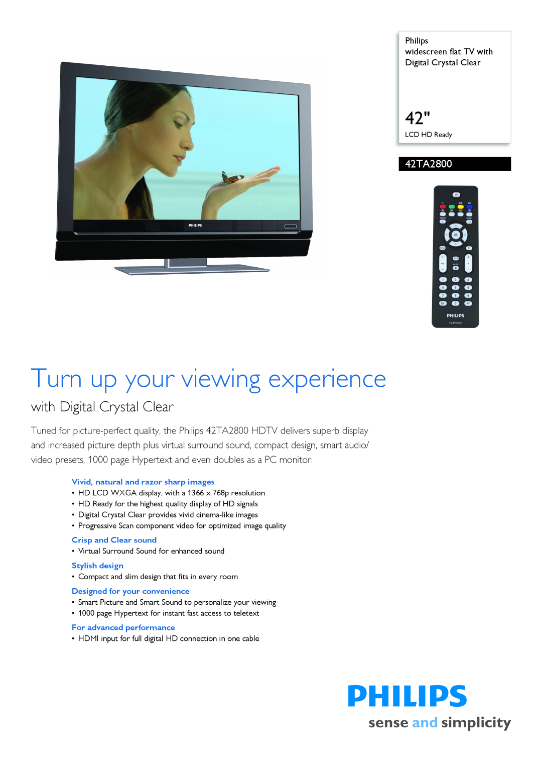 Philips 42TA2800/98 manual Turn up your viewing experience, with Digital Crystal Clear 