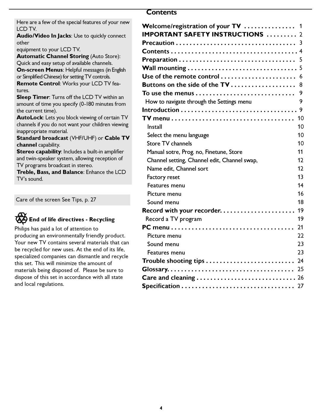 Philips 42TA3000 manual Contents 