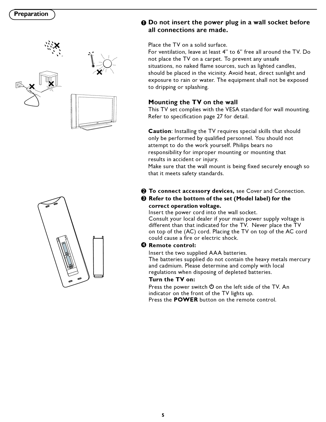 Philips 42TA3000 manual Mounting the TV on the wall, Remote control, Turn the TV on 