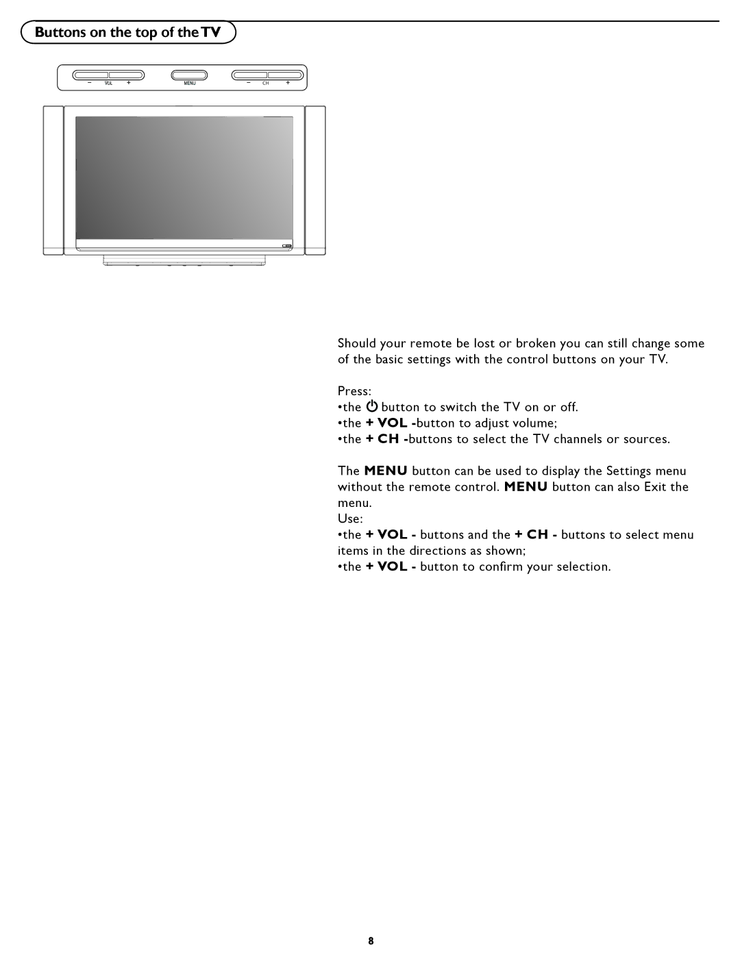 Philips 42TA3000 manual Buttons on the top of theTV 