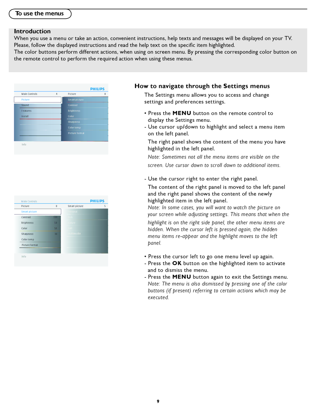 Philips 42TA3000 manual To use the menus Introduction, How to navigate through the Settings menus 