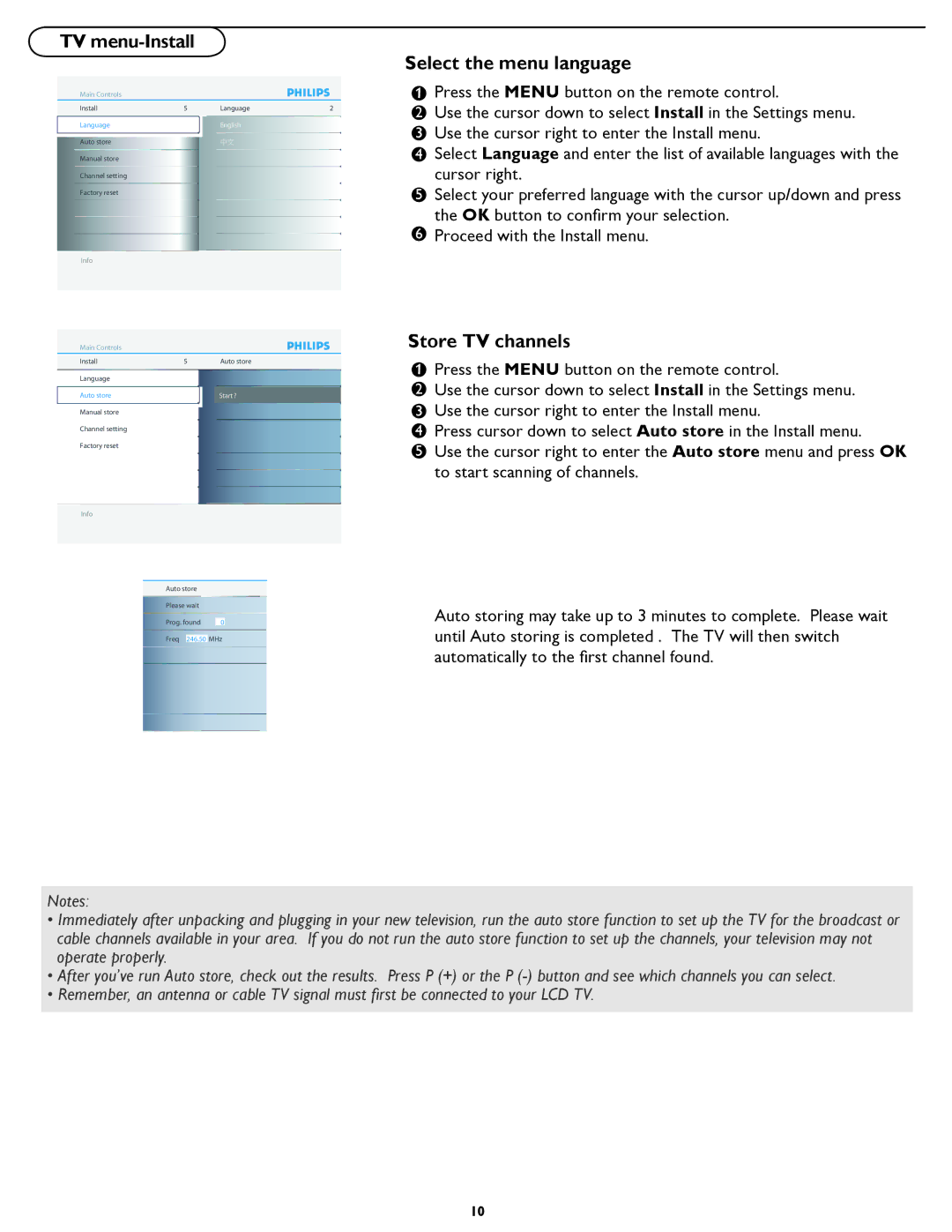 Philips 42TA3000 manual TV menu-Install Select the menu language, Store TV channels 