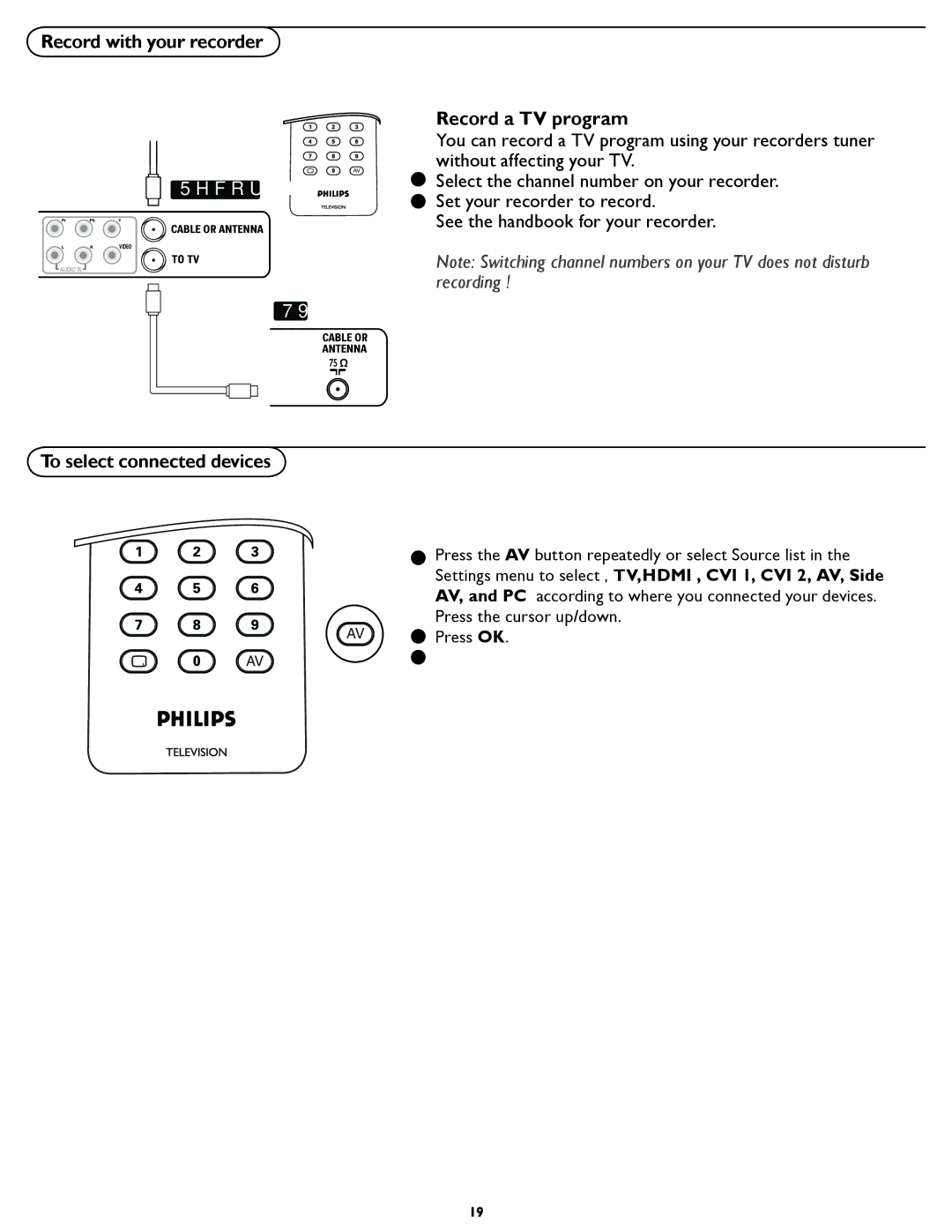 Philips 42TA3000 manual Record a TV program, To select connected devices 