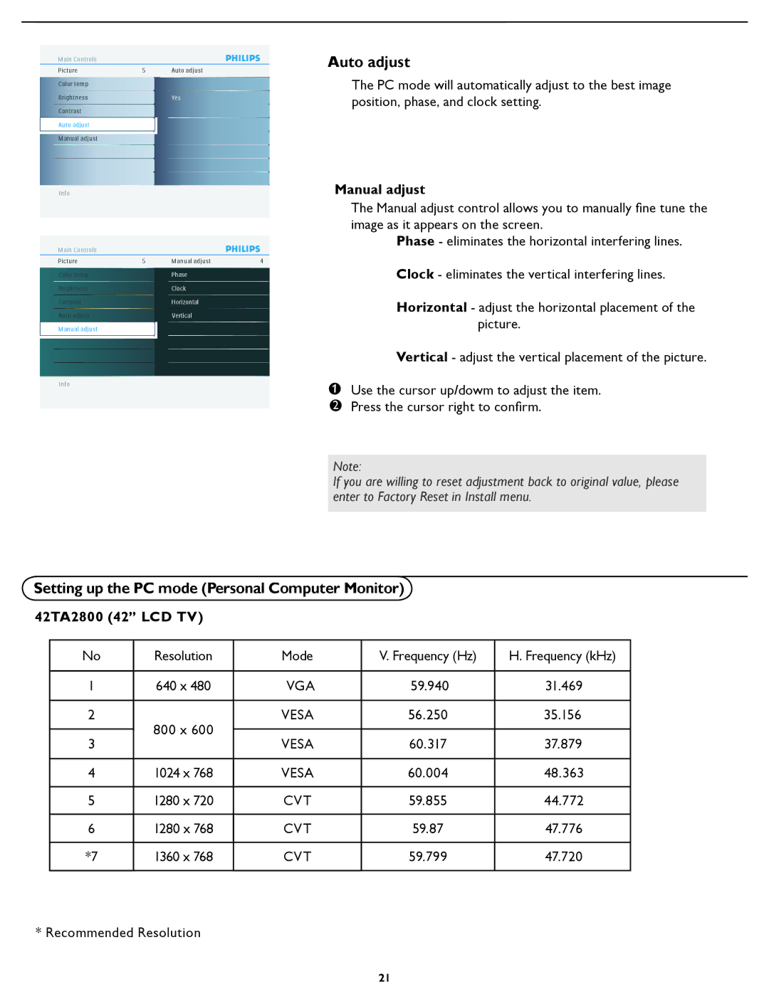 Philips 42TA3000 manual Auto adjust, Setting up the PC mode Personal Computer Monitor, Manual adjust, 2TA2800 42 LCD TV 