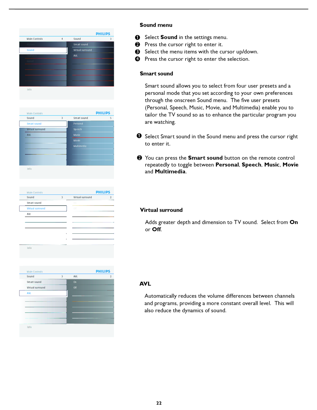 Philips 42TA3000 manual Select Sound in the settings menu 