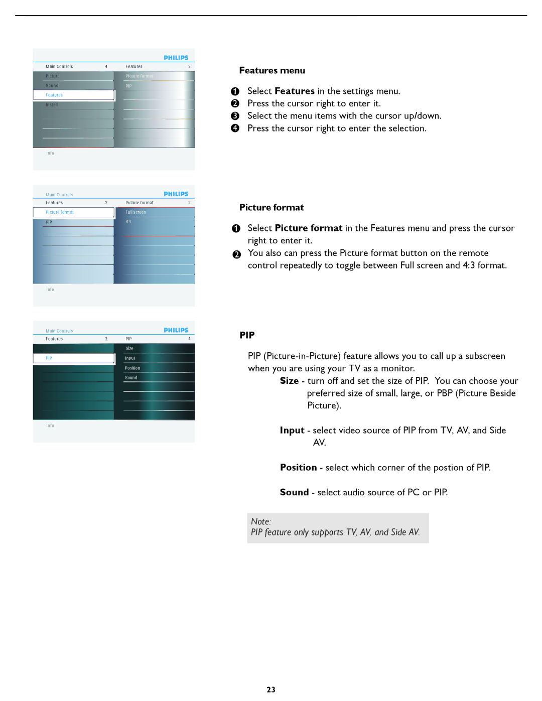 Philips 42TA3000 manual Features menu, Pip 