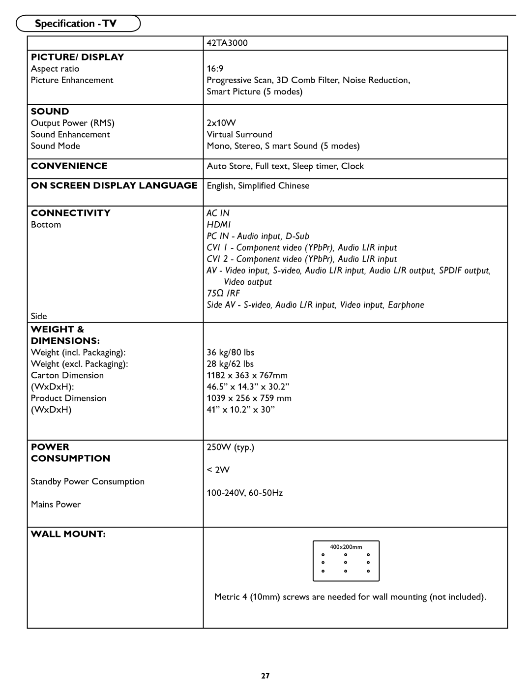 Philips 42TA3000 manual Speciﬁcation -TV, PICTURE/ Display 