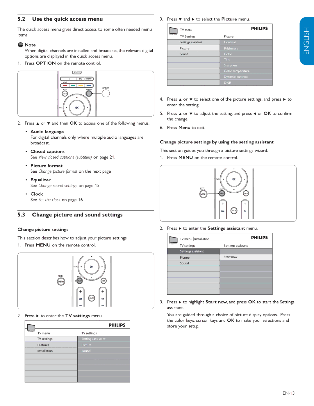 Philips 42TA648BX user manual Use the quick access menu, Change picture and sound settings 