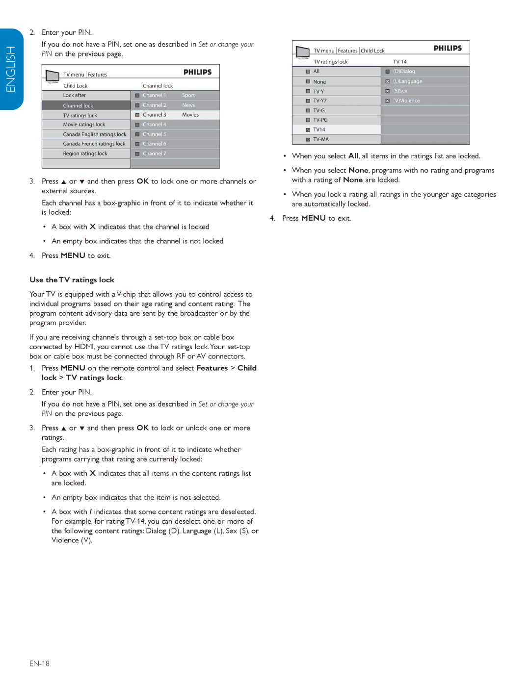 Philips 42TA648BX user manual Use the TV ratings lock 