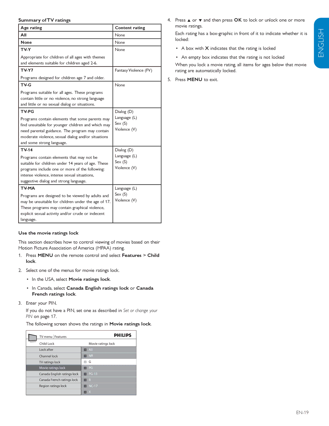 Philips 42TA648BX user manual Summary of TV ratings, Use the movie ratings lock, EN-19 